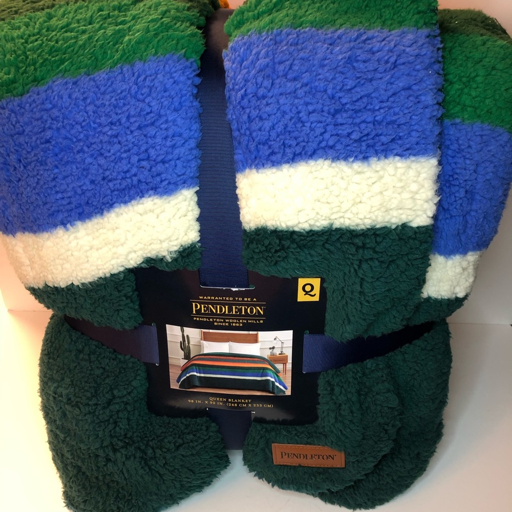 Pendleton Sherpa Fleece Blanket Evergreen Stripe Queen New 98 X 92 Inche…